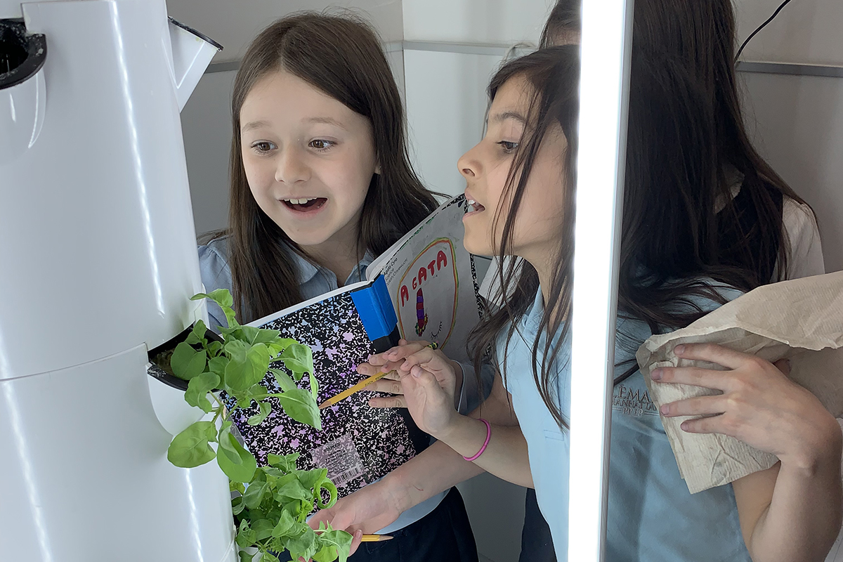 Girls looking at the tower garden.